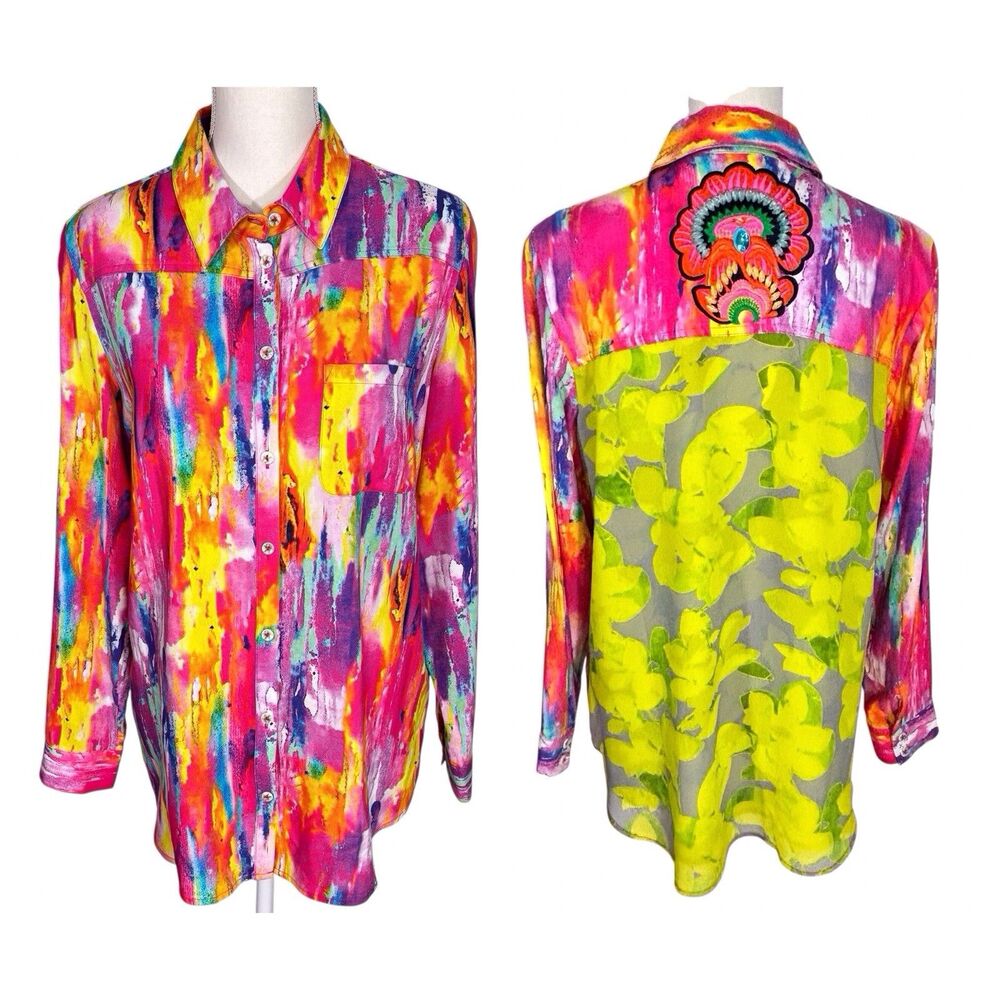Soft Surroundings Festiva Tie Dye Button Top Embroidered Beaded Medium Colorful
